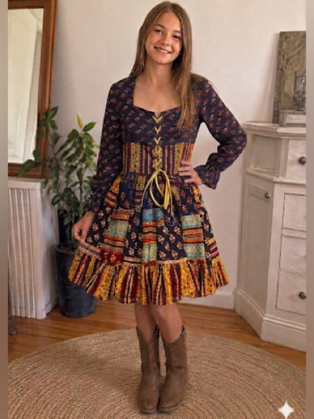 Vintage Handmade Boho Patchwork Prairie Dress | Girls / XS